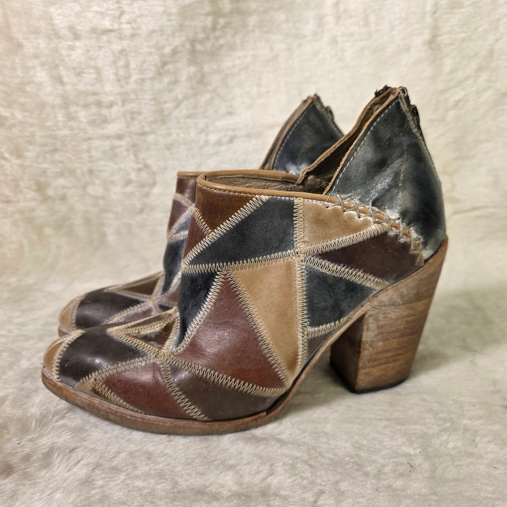 Freebird by Steven Steel Patchwork Leather Ankle Boots Brown Red Tan Womens 10